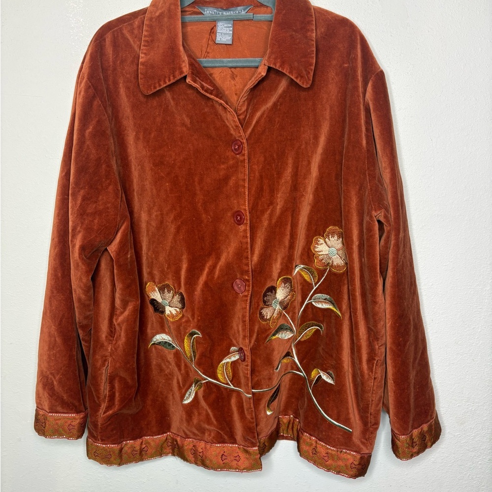 Orange Velvet Embroidered Floral Button-Up Jacket Size 1X